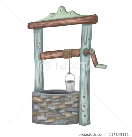 Wooden rustic water well made of stone and wood. Autumn festivals, rustic-style celebrations. Farm work, harvesting in the fields. Yard and garden decoration. Isolated digital illustrations 117845111