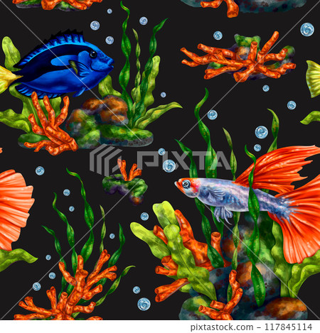 Seamless pattern with bright tropical colorful fish, algae, corals and bubbles. Marine underwater life, travel, diving, exotic places. Illustrations for textiles, banners, wrapping paper, wallpaper Seamless pattern with bright tropical colorful fish, algae, corals and bubbles. Marine underwater life, travel, diving, exotic places. Illustrations for textiles, banners, wrapping paper, wallpaper 117845114
