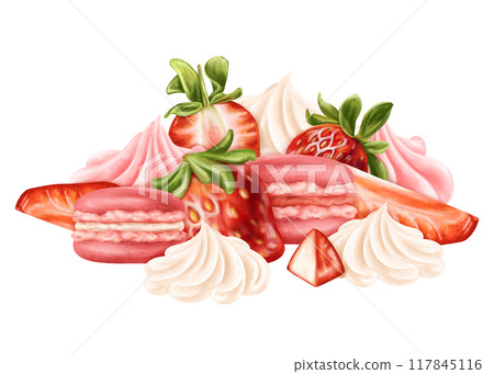 A composition of whipped cream, strawberry slices and macaroons. Berry decor for birthday parties. Topping for cakes, cupcakes, ice cream. Confectionery sweets. Digital isolated illustration 117845116
