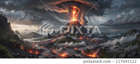 Fictitious representation of a volcanic eruption with heavy ash and dust emission, dangerous rivers of lava, volcanic eruption as a danger to people, infrastructure and global air traffic 117845122