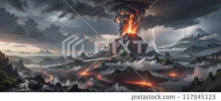 Fictitious representation of a volcanic eruption with heavy ash and dust emission, dangerous rivers of lava, volcanic eruption as a danger to people, infrastructure and global air traffic 117845123