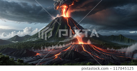Fictitious representation of a volcanic eruption with heavy ash and dust emission, dangerous rivers of lava, volcanic eruption as a danger to people, infrastructure and global air traffic Fictitious representation of a volcanic eruption with heavy ash and dust emission, dangerous rivers of lava, volcanic eruption as a danger to people, infrastructure and global air traffic 117845125