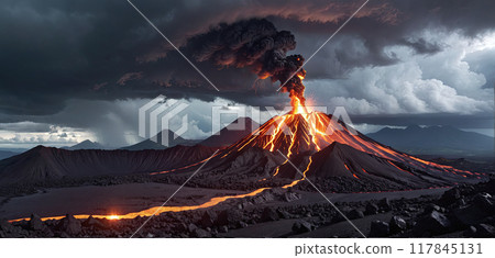 Fictitious representation of a volcanic eruption with heavy ash and dust emission, dangerous rivers of lava, volcanic eruption as a danger to people, infrastructure and global air traffic Fictitious representation of a volcanic eruption with heavy ash and dust emission, dangerous rivers of lava, volcanic eruption as a danger to people, infrastructure and global air traffic 117845131