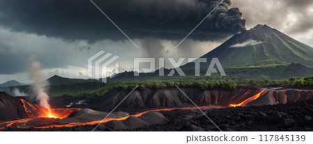 Fictitious representation of a volcanic eruption with heavy ash and dust emission, dangerous rivers of lava, volcanic eruption as a danger to people, infrastructure and global air traffic Fictitious representation of a volcanic eruption with heavy ash and dust emission, dangerous rivers of lava, volcanic eruption as a danger to people, infrastructure and global air traffic 117845139