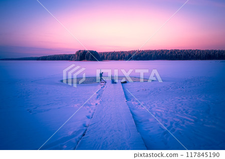Very cold day at ice swimming place.  117845190