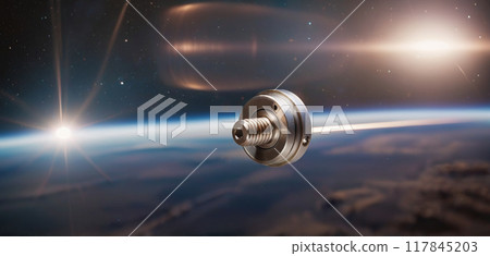 Metallic space debris from defective satellites or due to orbital collisions and small parts from space flights fly very quickly in Earth orbit 117845203