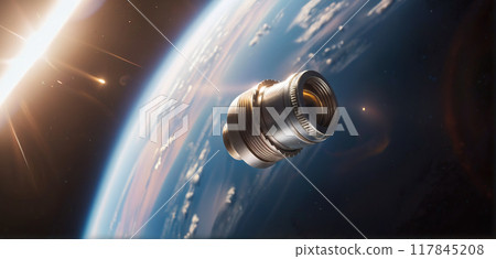 Metallic space debris from defective satellites or due to orbital collisions and small parts from space flights fly very quickly in Earth orbit 117845208