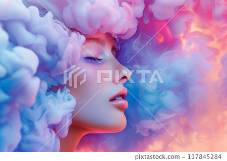 Beautiful young woman with a bright cloudy pastel hairstyle and closed eyes. Dream concept. Generative AI Beautiful young woman with a bright cloudy pastel hairstyle and closed eyes. Dream concept. Generative AI 117845284