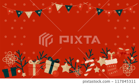 Christmas background illustration with gifts, stockings and ornaments. 117845311