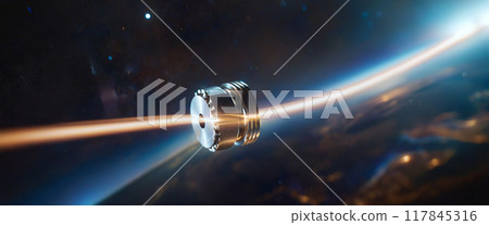 Metallic space debris from defective satellites or due to orbital collisions and small parts from space flights fly very quickly in Earth orbit 117845316