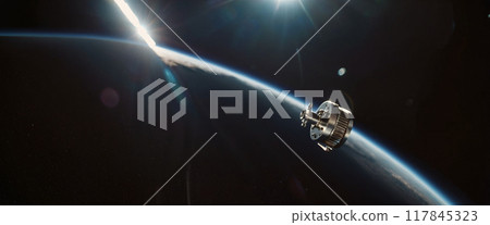 Metallic space debris from defective satellites or due to orbital collisions and small parts from space flights fly very quickly in Earth orbit 117845323