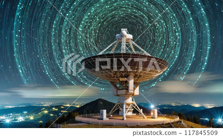 Landscape with radio telescopes on ground and satellites in starry night sky 117845509