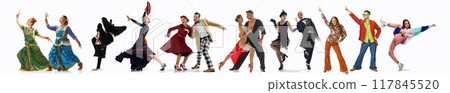 Collage. Different men and women dancing isolated on white background. Diversity of dance styles, from classical to modern, 117845520