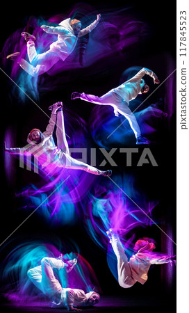 Collage. Dynamic image of young man in sports clothes performing hip hop on black background with mixed lights effect Collage. Dynamic image of young man in sports clothes performing hip hop on black background with mixed lights effect 117845523