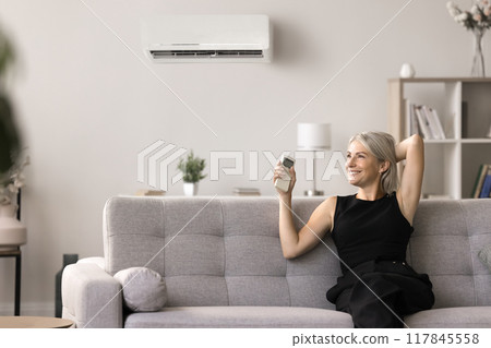 Female sit on sofa adjusting air conditioner in living room 117845558