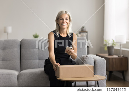 Woman placing order of dispatch using mobile application 117845655