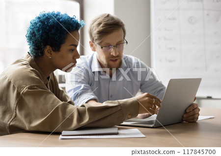 Colleagues learning new corporate program working together using laptop Colleagues learning new corporate program working together using laptop 117845700