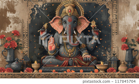 Elegant Ganesh Chaturthi with Vintage Charm and Floral Elements 117845704