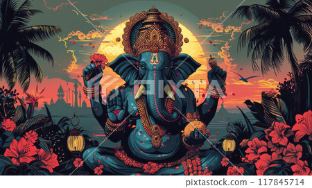 Ganesha with Sunset and Tropical Background 117845714