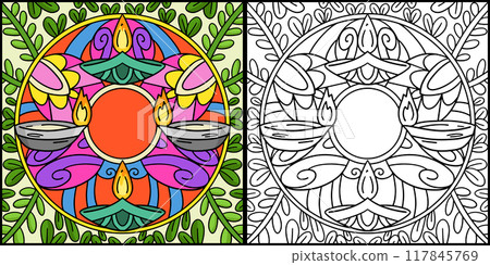 Diwali Wreath Coloring Page Colored Illustration 117845769