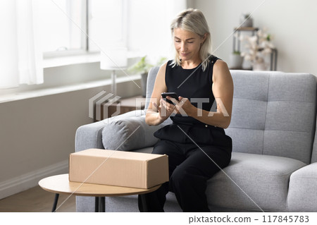 Woman prepare parcel for sending using delivery services Woman prepare parcel for sending using delivery services 117845783