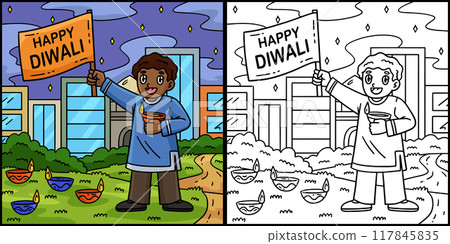 Diwali Child with a Happy Banner Illustration 117845835
