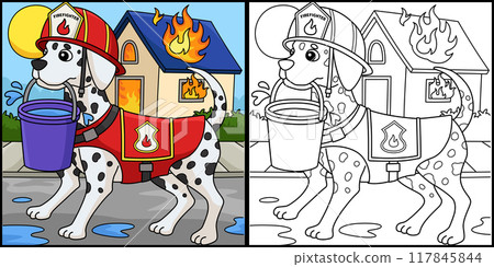 Firefighter Dog Coloring Page Colored Illustration Firefighter Dog Coloring Page Colored Illustration 117845844
