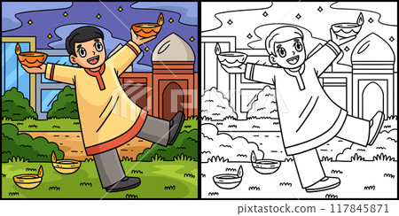 Diwali Child Raising Candles Coloring Illustration Diwali Child Raising Candles Coloring Illustration 117845871