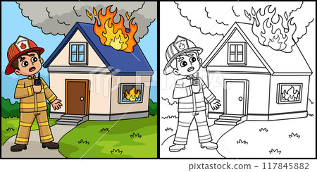 Firefighter with a Burning House Illustration 117845882