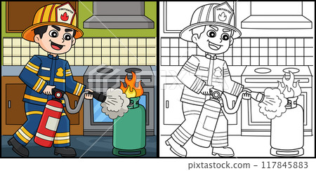 Firefighter Holding Fire Extinguisher Illustration 117845883