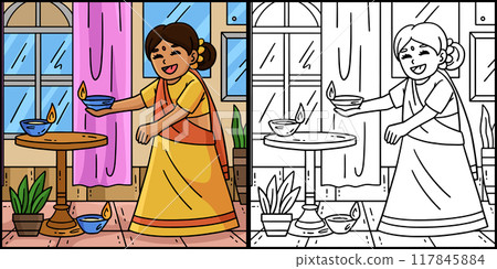 Diwali Child Setting Candle Coloring Illustration Diwali Child Setting Candle Coloring Illustration 117845884