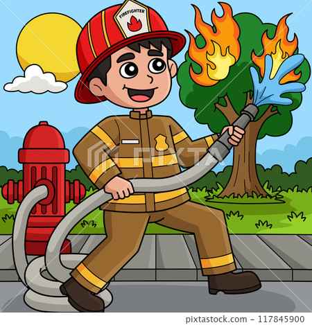 Firefighter Putting Out a Fire Colored Cartoon Firefighter Putting Out a Fire Colored Cartoon 117845900