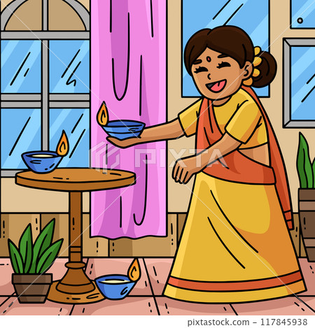 Diwali Child Setting Candle Colored Cartoon  117845938