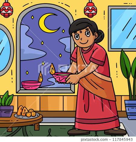 Diwali Mom Holding a Candle Colored Cartoon Diwali Mom Holding a Candle Colored Cartoon 117845943