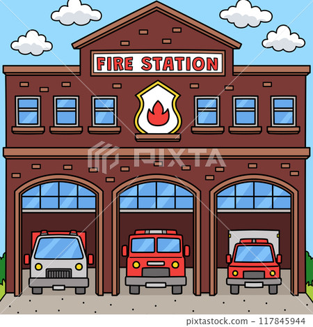 Fire Station Colored Cartoon Illustration 117845944