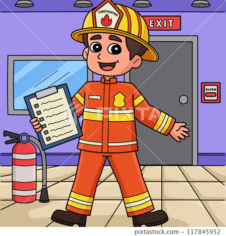 Firefighter with a Fire Safety Checklist Colored Firefighter with a Fire Safety Checklist Colored 117845952