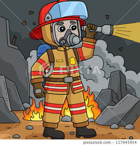 Firefighter Full Gear Colored Cartoon Illustration Firefighter Full Gear Colored Cartoon Illustration 117845954