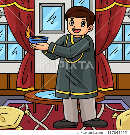 Diwali Child Holding Candle Colored Cartoon Diwali Child Holding Candle Colored Cartoon 117845955