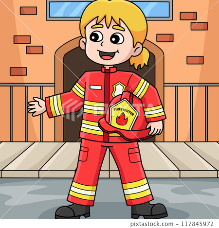 Female Firefighter Colored Cartoon Illustration 117845972