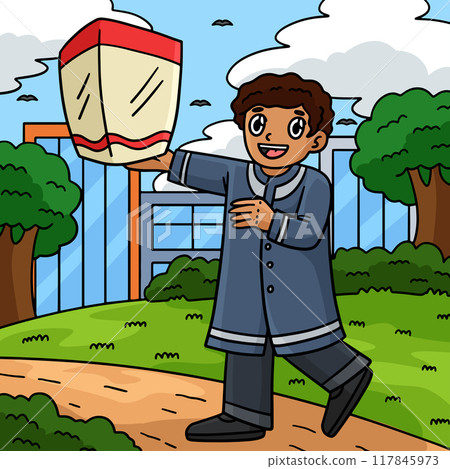 Diwali Child with Sky Lantern Colored Cartoon  117845973