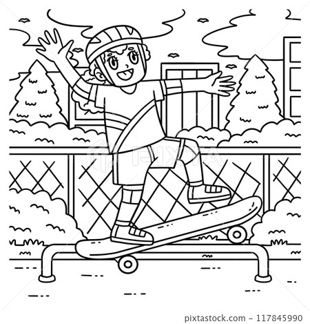 Skateboard Child Grinding on Rail Coloring Page  117845990