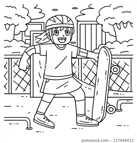 Skateboard Girl Playing Coloring Page for Kids 117846012