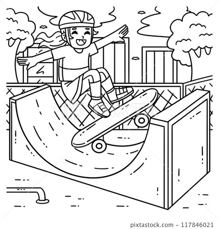 Skateboard Child on Half Pipe Coloring 117846021