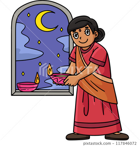 Diwali Mom Holding Candle Cartoon Colored Clipart 117846072