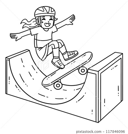 Skateboard Child on Half Pipe Isolated Coloring  117846096