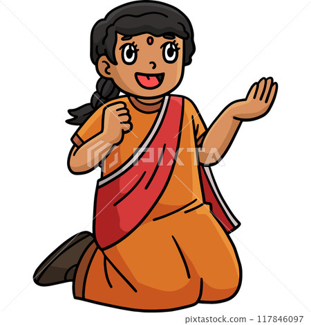 Diwali Girl Kneeling Cartoon Colored Clipart  117846097