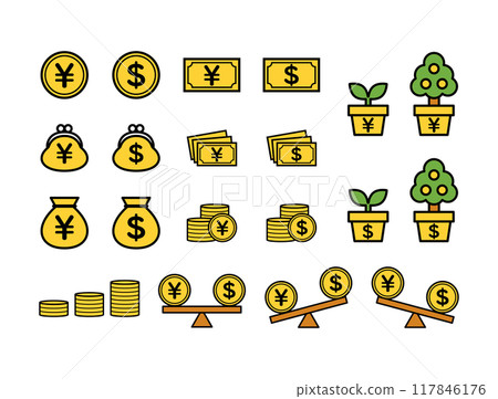 Japanese yen and dollar money, foreign exchange, asset management image illustration icon set 117846176