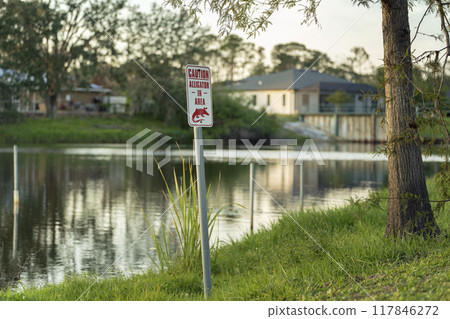 Warning sign about alligator in water in Florida park. Caution and safety during walking near waterfront 117846272