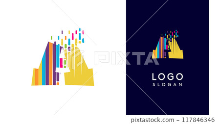 Colorful stripes transitioning into pixel-like elements fat logo template, letter A, abstract equalizer logotype for tech, creative studio, media, digital branding. Vector illustration Colorful stripes transitioning into pixel-like elements fat logo template, letter A, abstract equalizer logotype for tech, creative studio, media, digital branding. Vector illustration 117846346