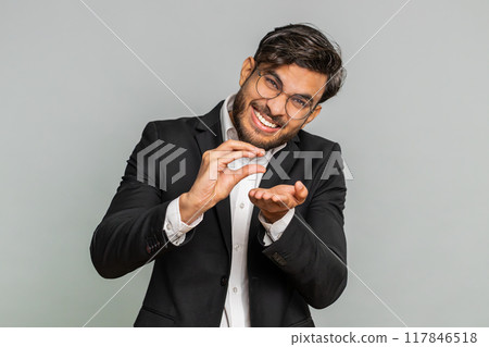 Businessman show a little bit gesture, begging help, need more, please give me measuring small size 117846518